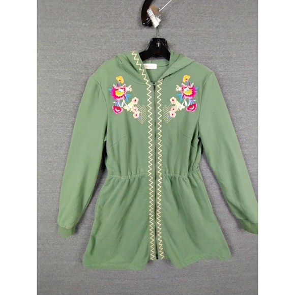 Solitaire Womens Jacket M Green Embroidered Floral Hoodie Full Zip Boho Cottage - Picture 1 of 9